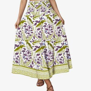 Women's High Waisted, Tiered, Elastic Waist, Parrot Print Maxi Skirt XL